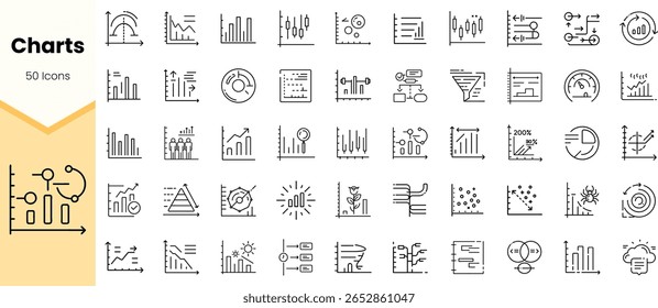Una colección de 50 íconos de gráficos, mostrando varios estilos de gráficos y técnicas de visualización de datos en un diseño minimalista en blanco y negro.