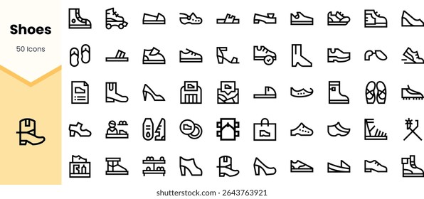 A collection of 50 diverse shoe icons, showcasing various styles including sneakers, sandals, high heels, and more, perfect for design and fashion projects.