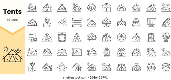 A collection of 50 diverse tent icons showcasing various styles, including camping tents, glamping options, and outdoor equipment.