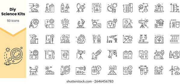 A collection of 50 DIY science kit icons, featuring various equipment and tools in a modern, minimalist style, perfect for educational projects.