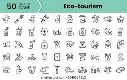 A collection of 50 eco-tourism icons featuring sustainable products and practices, emphasizing environmental consciousness and nature-friendly initiatives.