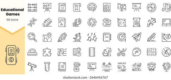 A collection of 50 educational icons featuring various themes such as games, learning tools, and classroom supplies, designed in a minimalist black and white style.