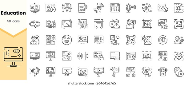 A collection of 50 educational icons, including devices, symbols, and tools, designed in a minimalist style. Ideal for digital learning and educational resources.