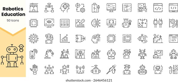 A collection of 50 educational icons related to robotics, featuring stylized robotic figures and various tech symbols, ideal for teaching and learning about robotics.