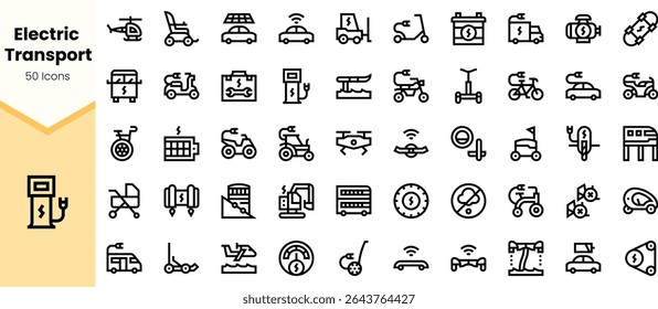 A collection of 50 electric transport icons featuring various vehicles and devices, showcasing modern transportation innovations with a minimalist design.