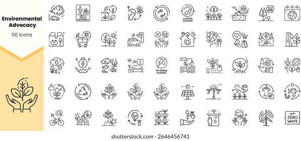 A collection of 50 environmental advocacy icons showcasing sustainability themes, including recycling, renewable energy, and nature conservation, in a minimalist style.
