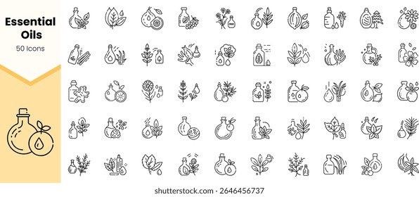 A collection of 50 essential oils icons, featuring intricate line designs of various plants, bottles, and nature elements, ideal for wellness and aromatherapy themes.