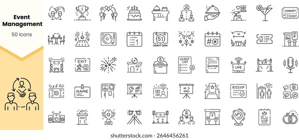A collection of 50 event management icons showcasing tools and elements like awards, invitations, and schedules, perfect for planning and organizing events.