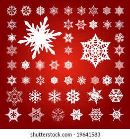 Collection of 50 Fifty White 3D Effect Vector Snowflakes on Red