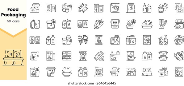 A collection of 50 food packaging icons in a minimalist line art style, showcasing various food items like snacks, beverages, and groceries.