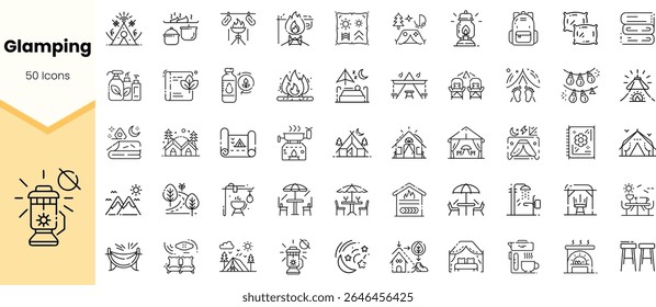 A collection of 50 glamping-themed icons featuring tents, nature elements, and camping gear, ideal for outdoor adventure and luxury camping themes.