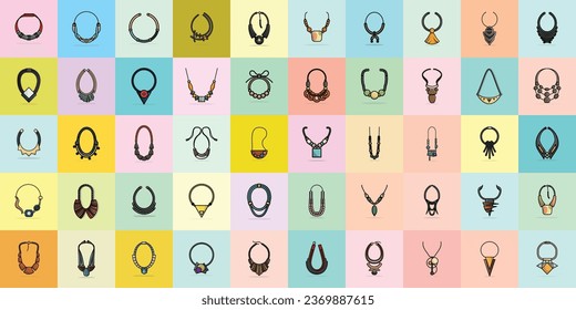 Collection Of 50 Glossy Bright Colorful Woman Neck Necklaces vector illustration. Beauty fashion objects icon concept. Set of Trendy woman Necklaces design for fashion vector logo design.