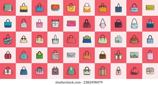 Collection Of 50 Glossy Bright Colorful Woman Purses vector illustration. Beauty fashion objects icon concept. Set of Trendy woman purses design for fashion vector logo design.