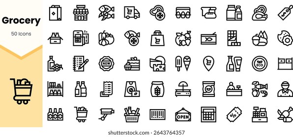 A collection of 50 grocery icons, featuring various food items, shopping carts, and delivery symbols in a minimalist design, ideal for modern interfaces.