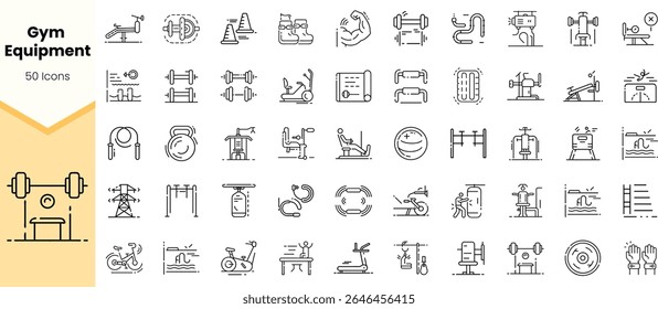 A collection of 50 gym equipment icons displayed in a sleek, modern design, featuring a variety of fitness gear and tools for exercise enthusiasts.