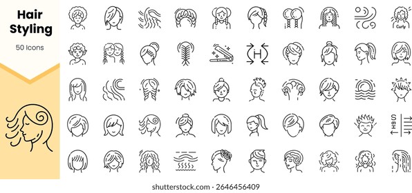 Collection of 50 hair styling icons featuring various styles, including curly, braided, and loose hair designs, suitable for beauty and fashion applications.
