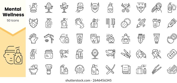 A collection of 50 hand-drawn icons symbolizing mental wellness, including grooming and self-care tools, reflecting various aspects of personal care and relaxation.