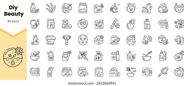 A collection of 50 hand-drawn line icons depicting various DIY beauty products and treatments, showcasing elements like natural ingredients and skincare routines.