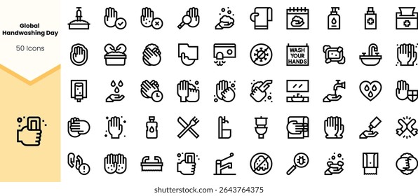 A collection of 50 handwashing icons featuring various designs, including hand hygiene symbols and related items, promoting cleanliness and health awareness.