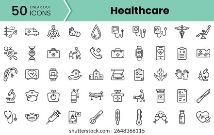 Uma coleção de 50 ícones relacionados à saúde com símbolos médicos, ferramentas e equipamentos, projetados em um estilo linear limpo, mostrando a essência do cuidado médico.