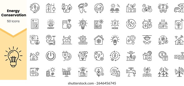 A collection of 50 icons illustrating energy conservation concepts, featuring light bulbs, solar panels, appliances, and eco-friendly symbols, emphasizing sustainable practices.