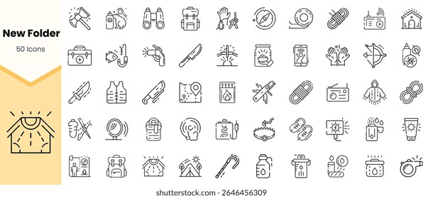 A collection of 50 icons representing adventure and outdoor activities featuring tools, equipment, and nature themes. Ideal for outdoor enthusiasts and graphic design.
