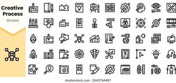 A collection of 50 icons representing the creative process, featuring tools and symbols related to design, brainstorming, and project management in a sleek line-art style.