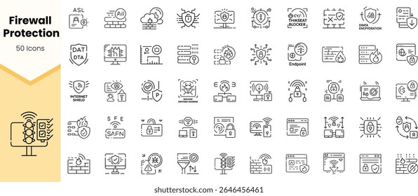 A collection of 50 icons representing firewall protection, cybersecurity, and data safety, featuring minimalist designs and a modern aesthetic.