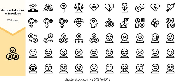 A collection of 50 icons representing human relations and emotions, featuring various symbols like hearts, scales, and facial expressions, in a minimalist line art style.