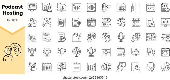 Uma coleção de 50 ícones representando hospedagem de podcasts, com microfones, ondas de áudio, ferramentas de agendamento e símbolos de criação de conteúdo em um design limpo e minimalista.