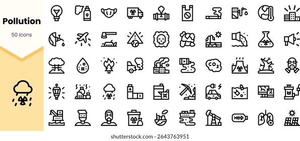 A collection of 50 icons representing pollution themes, including air, water, and land pollution, depicted in a clean, minimalist style.