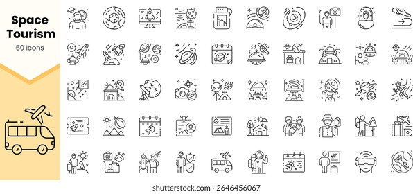 A collection of 50 icons representing space tourism, featuring rockets, astronauts, planets, and travel elements in a minimalist design.