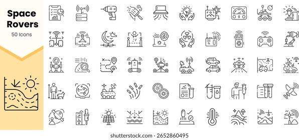 A collection of 50 icons representing space rovers, showcasing various tools, vehicles, and space exploration themes in minimalistic line art style.