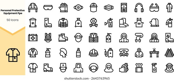 A collection of 50 icons representing various types of personal protective equipment, showcasing safety gear including helmets, gloves, masks, and more.