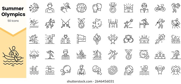 A collection of 50 icons representing various Summer Olympic sports and elements, including athletes, medals, and symbolic motifs.