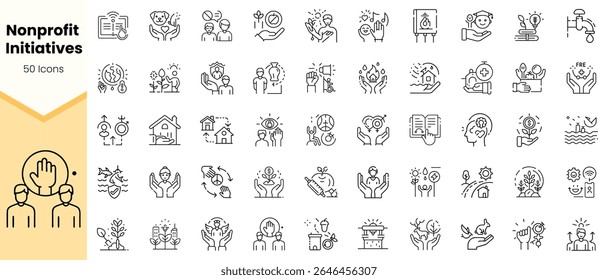 A collection of 50 icons representing various nonprofit initiatives. The designs feature hands, community symbols, and environmental themes, reflecting collaboration and support.