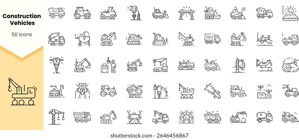 A collection of 50 icons representing various construction vehicles in a clean, minimalist design, featuring excavators, cranes, and trucks in monochrome.