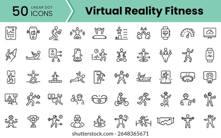 Uma coleção de 50 ícones representando várias atividades de fitness de realidade virtual, mostrando exercícios diversos e interações do usuário em um design moderno e minimalista.