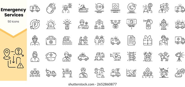 A collection of 50 icons representing various emergency services, showcasing healthcare, rescue operations, and safety measures in a modern, minimalistic design.