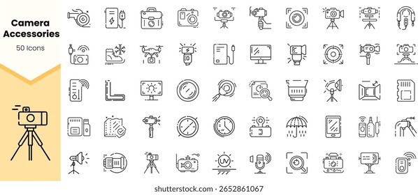 A collection of 50 icons representing various camera accessories including tripods, lenses, and lighting equipment, showcased in a clean, minimalist design.