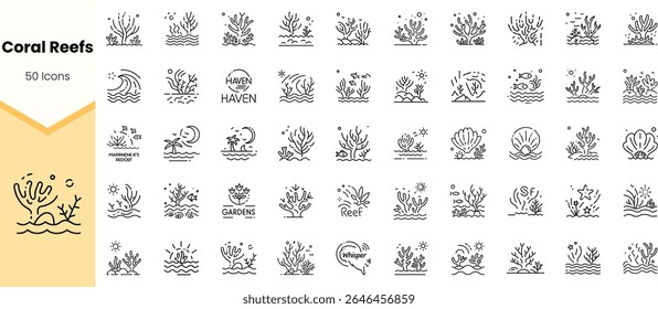 A collection of 50 intricate line icons representing coral reefs, showcasing marine life, waves, and underwater elements in a minimalist style.