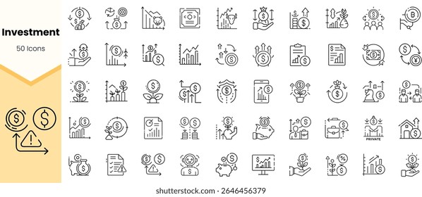 A collection of 50 investment-themed line icons. The icons include charts, coins, plants, and financial symbols, conveying growth and opportunity in finance.