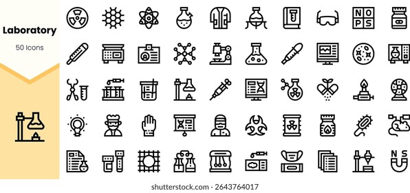 A collection of 50 laboratory-themed icons, showcasing various scientific tools and symbols, designed in a minimalist line art style for educational and professional use.