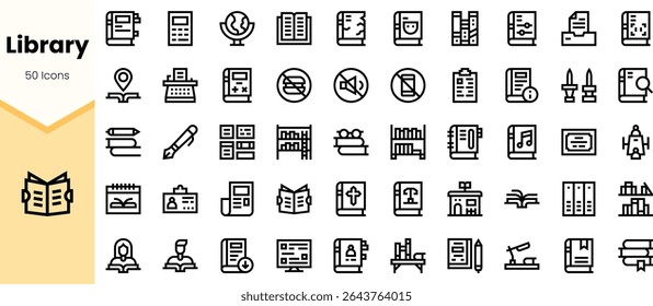 A collection of 50 library-themed icons featuring books, stationery, and library tools in a sleek, minimalistic design.