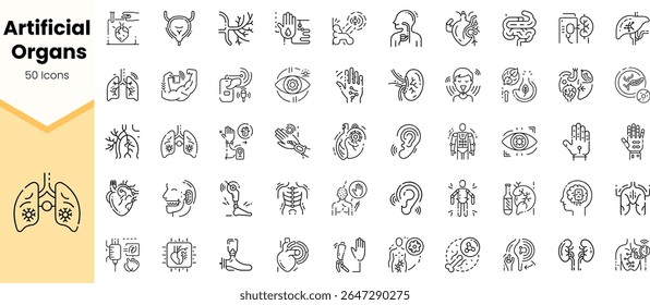 A collection of 50 line art icons representing artificial organs, showcasing various human body parts and technological elements in a modern and simplistic design.