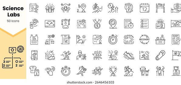 A collection of 50 line icons depicting various scientific, fitness, and health-related themes, perfect for educational and promotional materials.