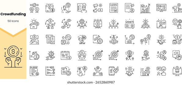 Uma coleção de 50 ícones de linha retratando vários conceitos de crowdfunding, apresentando elementos como captação de recursos, investimento e apoio comunitário. Ideal para projetos empresariais.