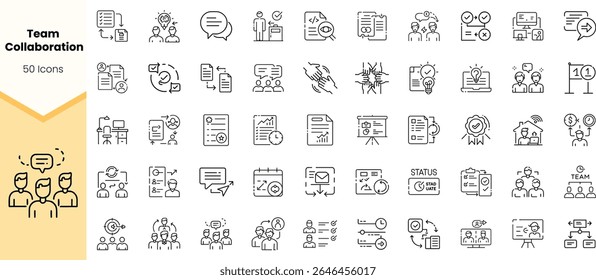 A collection of 50 line icons illustrating team collaboration concepts, including communication, planning, and teamwork, showcasing a modern design suitable for various applications.