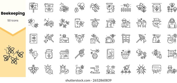 A collection of 50 line icons related to beekeeping, showcasing various elements like hives, bees, honey jars, and tools, perfect for educational and creative projects.