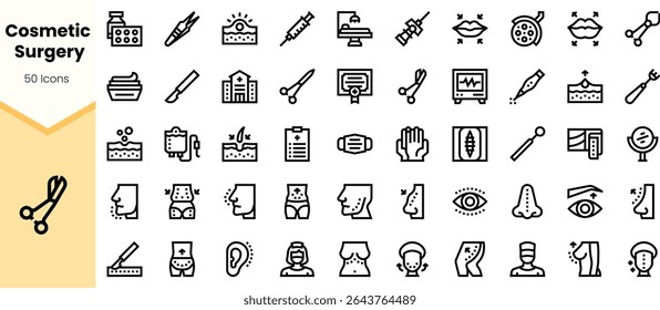 A collection of 50 line icons representing various aspects of cosmetic surgery, including procedures, tools, and patient care, presented in a sleek, minimalist style.